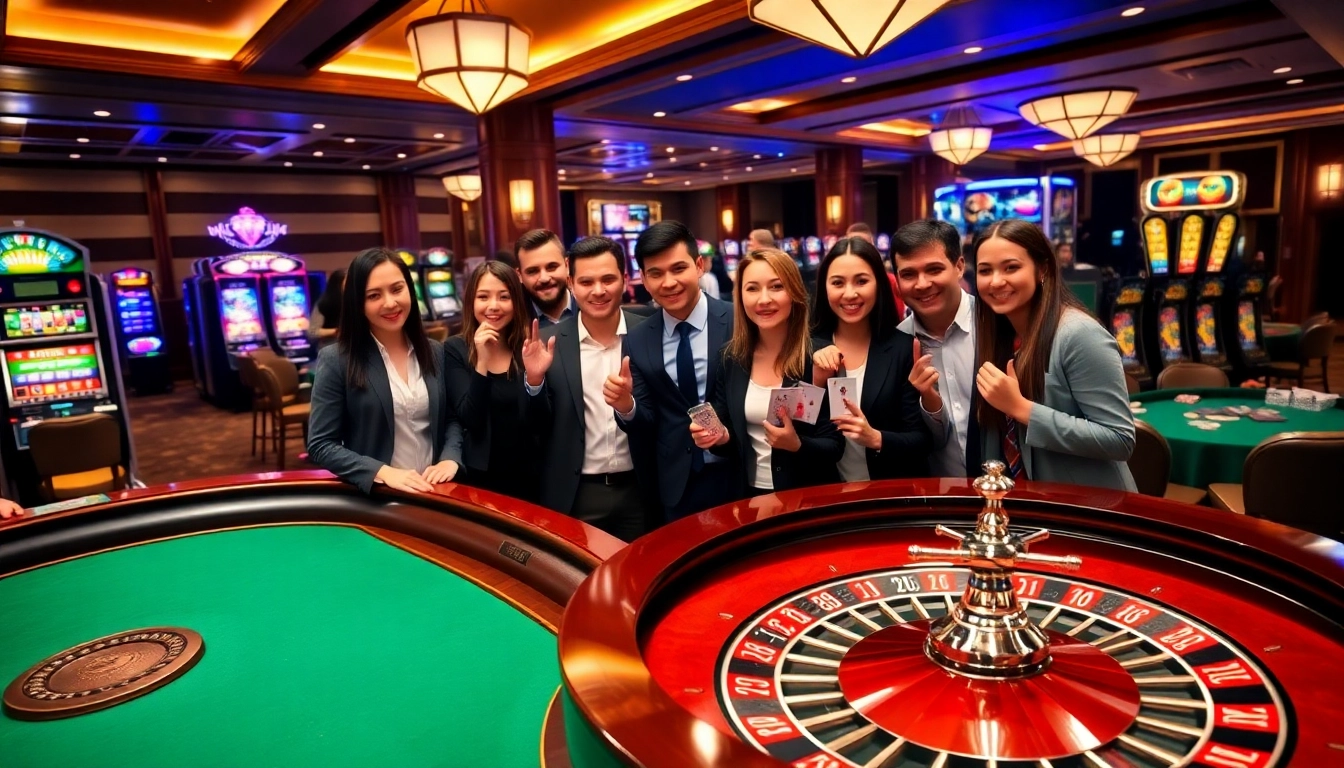 RR88 players enjoy an exciting atmosphere at a luxury casino table with roulette and slot machines.