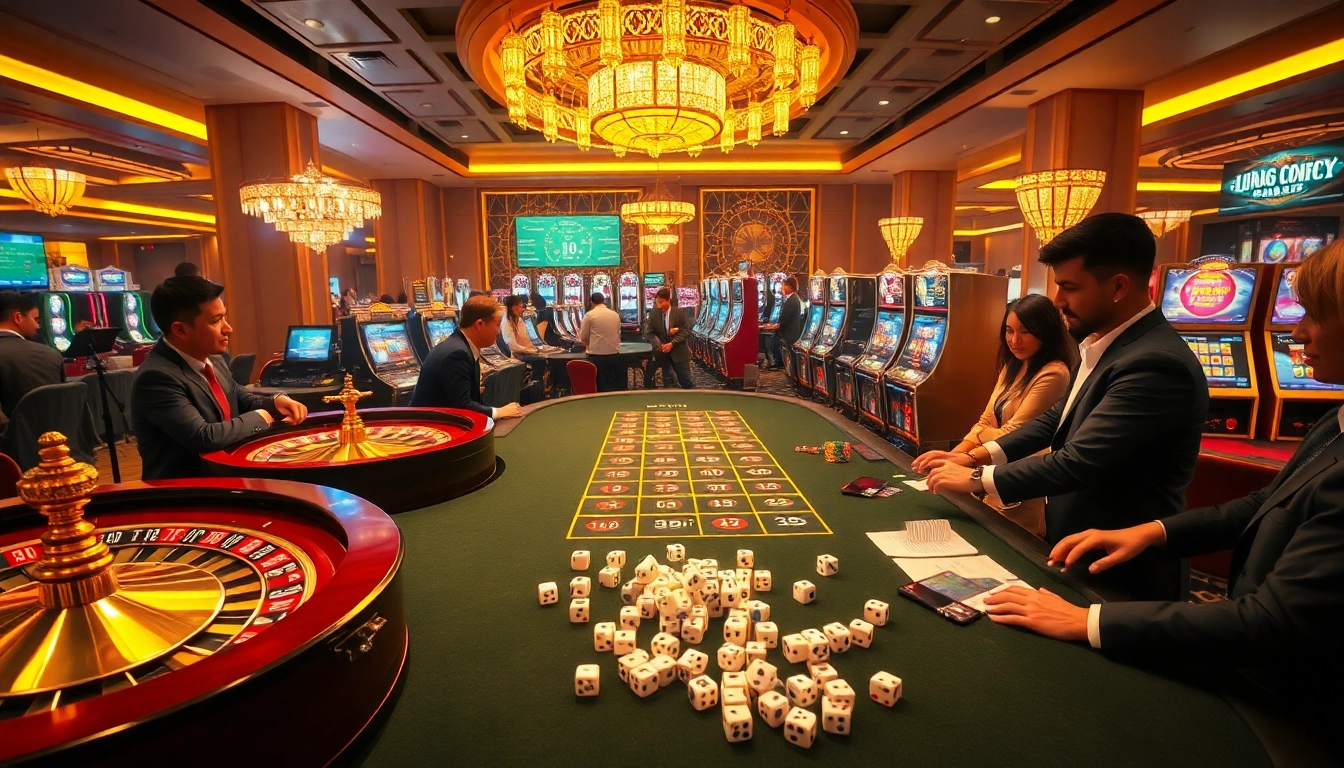 Experience thrilling gameplay at uu88. com with luxurious casino elements including vibrant slot machines and poker tables.