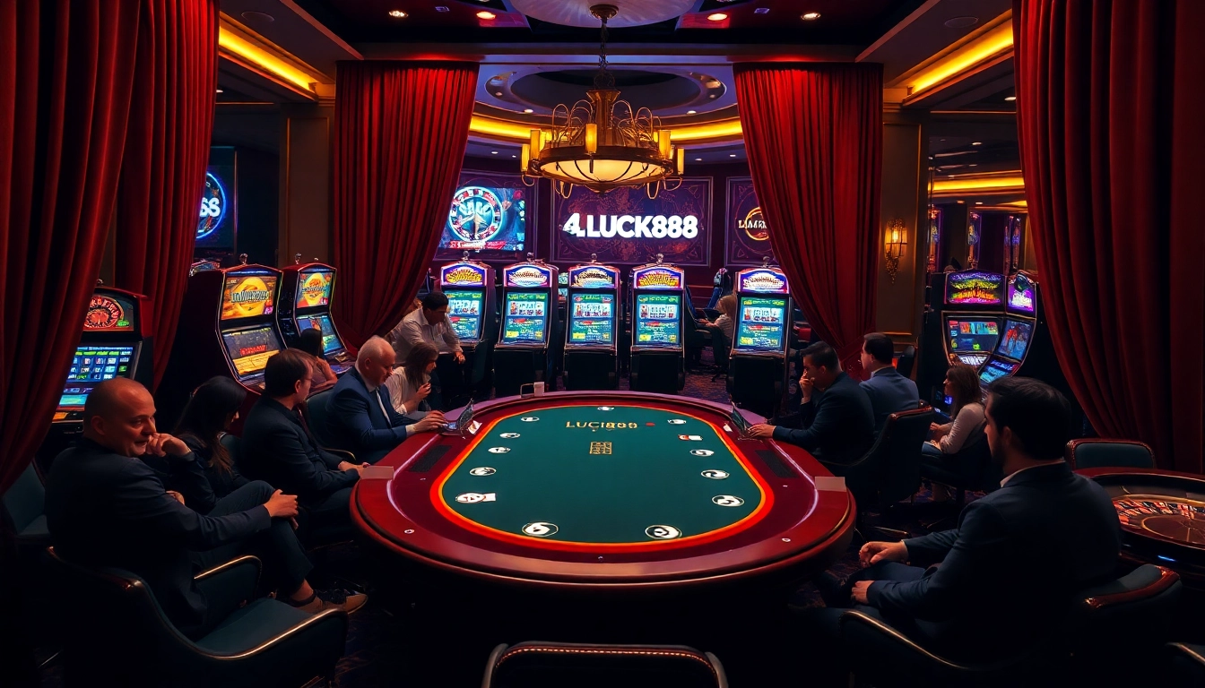 Excited players engage at the poker table, embodying the thrill of LUCK888's luxury casino experience.