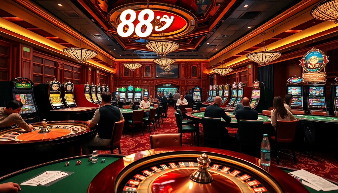 Dynamic casino scene showcasing 88i nhà cái with roulette tables, slot machines, and lively gamblers.