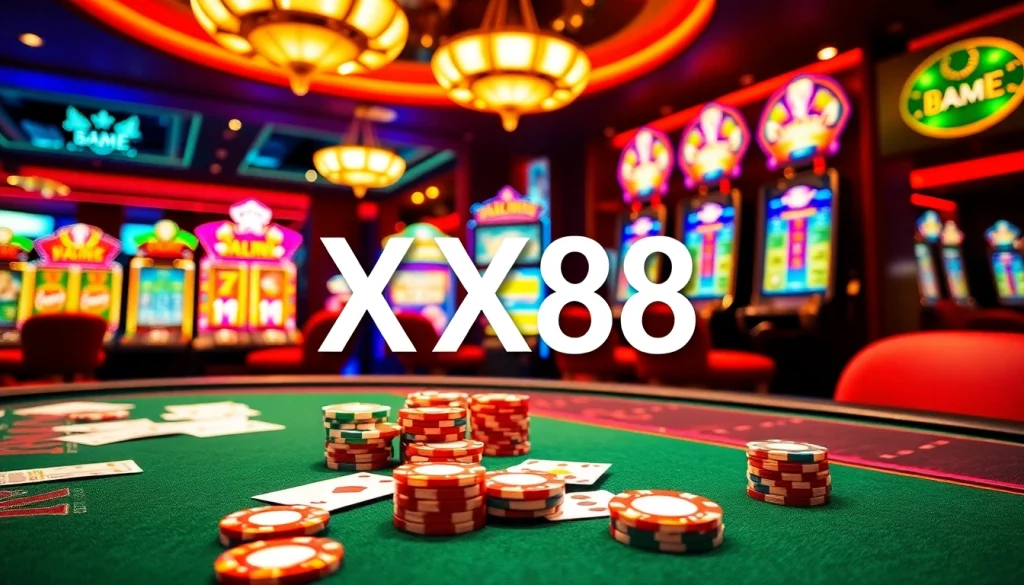 Experience the thrill of XX88 online gaming with vibrant casino visuals featuring poker chips and slot machines.