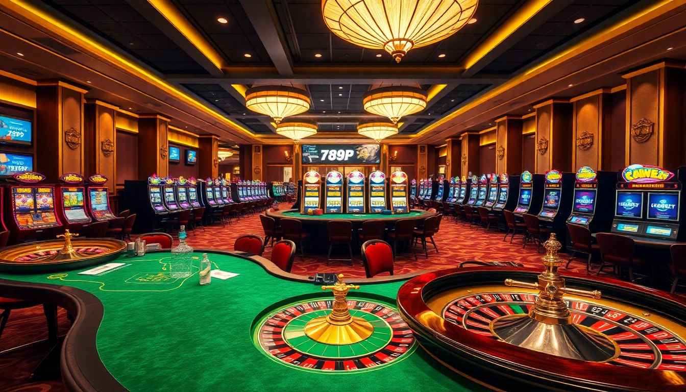Engage with the dynamic casino scene of 789P, featuring elegant tables, slot machines, and vibrant lights.