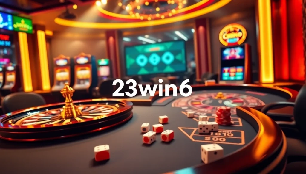 Experience thrilling gameplay at 23win06 with a luxurious casino scene featuring Roulette and Blackjack.