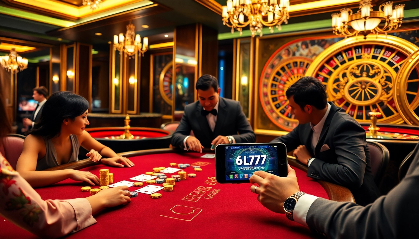 Players make high-stakes bets at a glamorous 6L777 blackjack table, capturing the thrill of casino gaming.