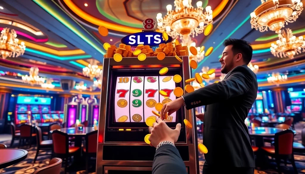 Winning big at the SLOTS8 slot machine amidst a glamorous casino atmosphere.