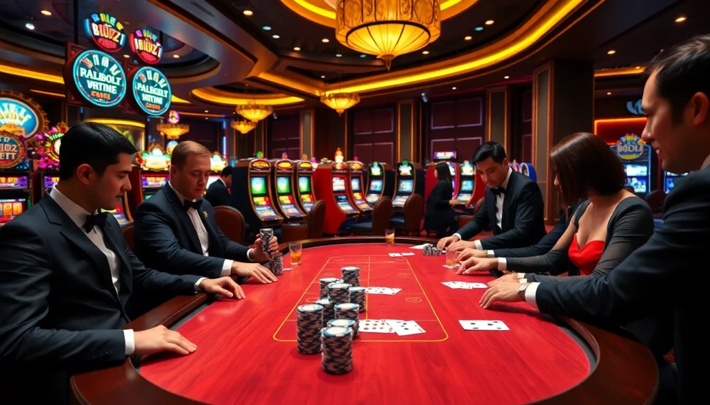 Experience high-stakes gaming at the trang chủ of a luxurious casino with poker tables and vibrant slot machines.