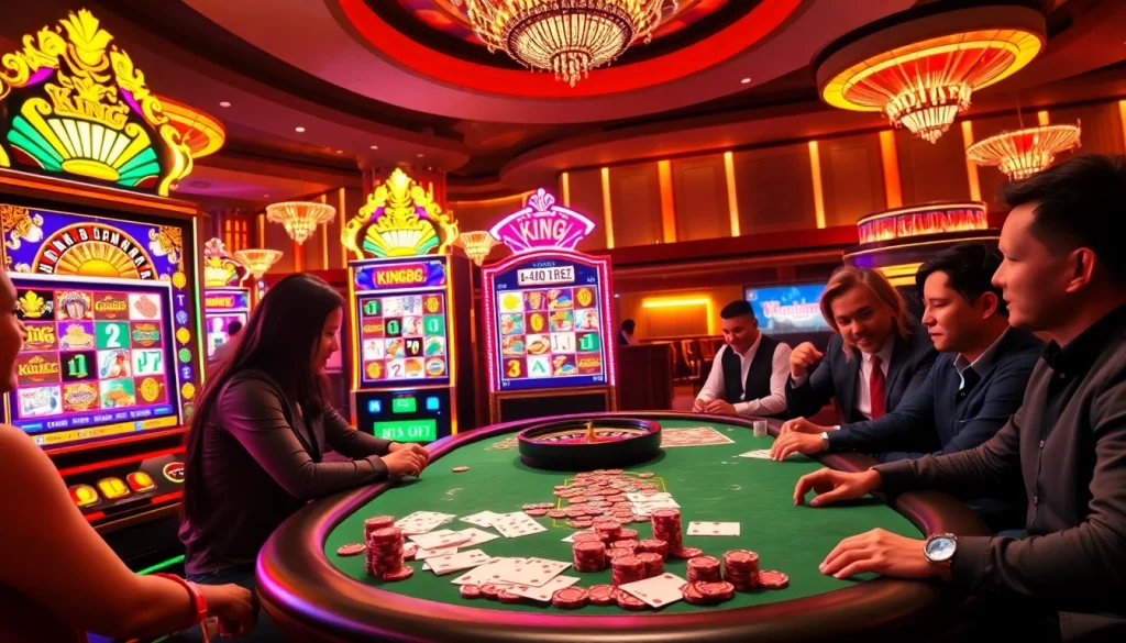 Experience the thrill of King88 with vibrant casino tables and slot machines.