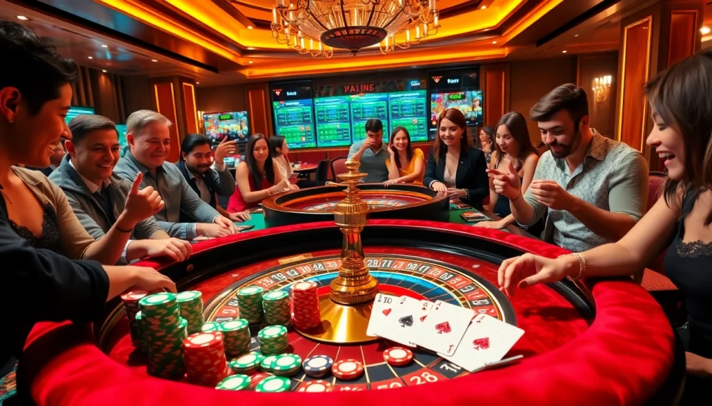 Experience thrilling gameplay with X88 tours at a roulette table full of vibrant chips and joyful players.