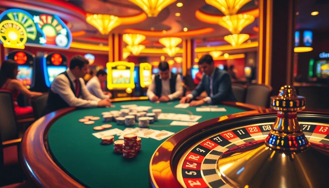Engaged gamblers play poker with S 8 chips in a vibrant casino atmosphere.
