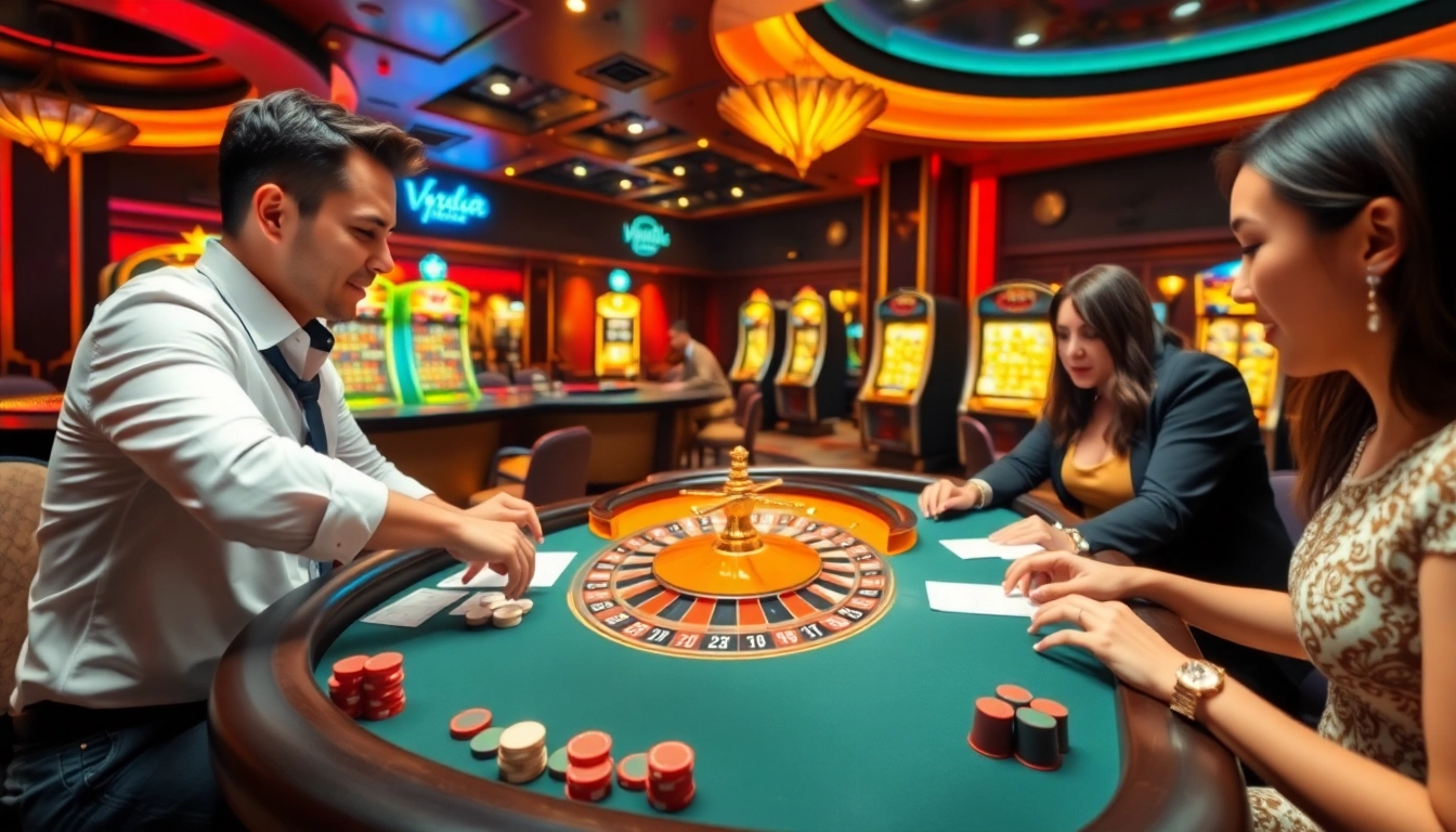 Experience thrilling gameplay at https://vn23.sa.com/ with a vibrant casino scene featuring poker and roulette.