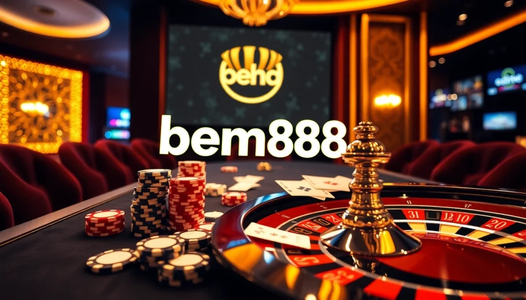 Experience the excitement of bem88 with vibrant casino tables filled with poker chips and high-stakes cards.