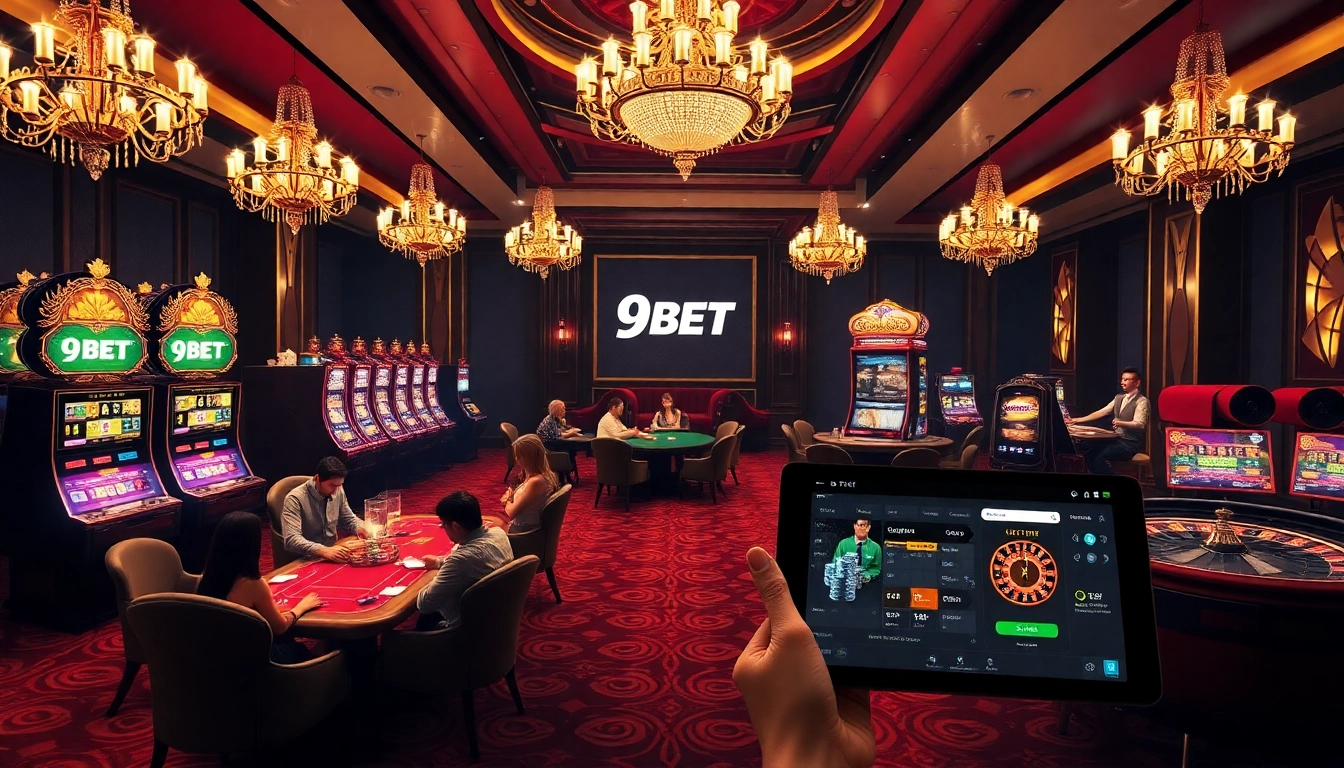 Engaging high-stakes casino scene featuring 9BET branding with players at tables and vibrant slot machines.