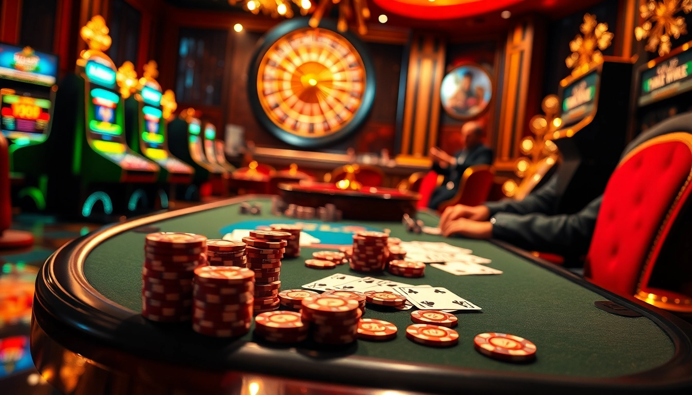Experience the excitement of nhất víp through a luxurious casino scene with poker tables and slot machines.