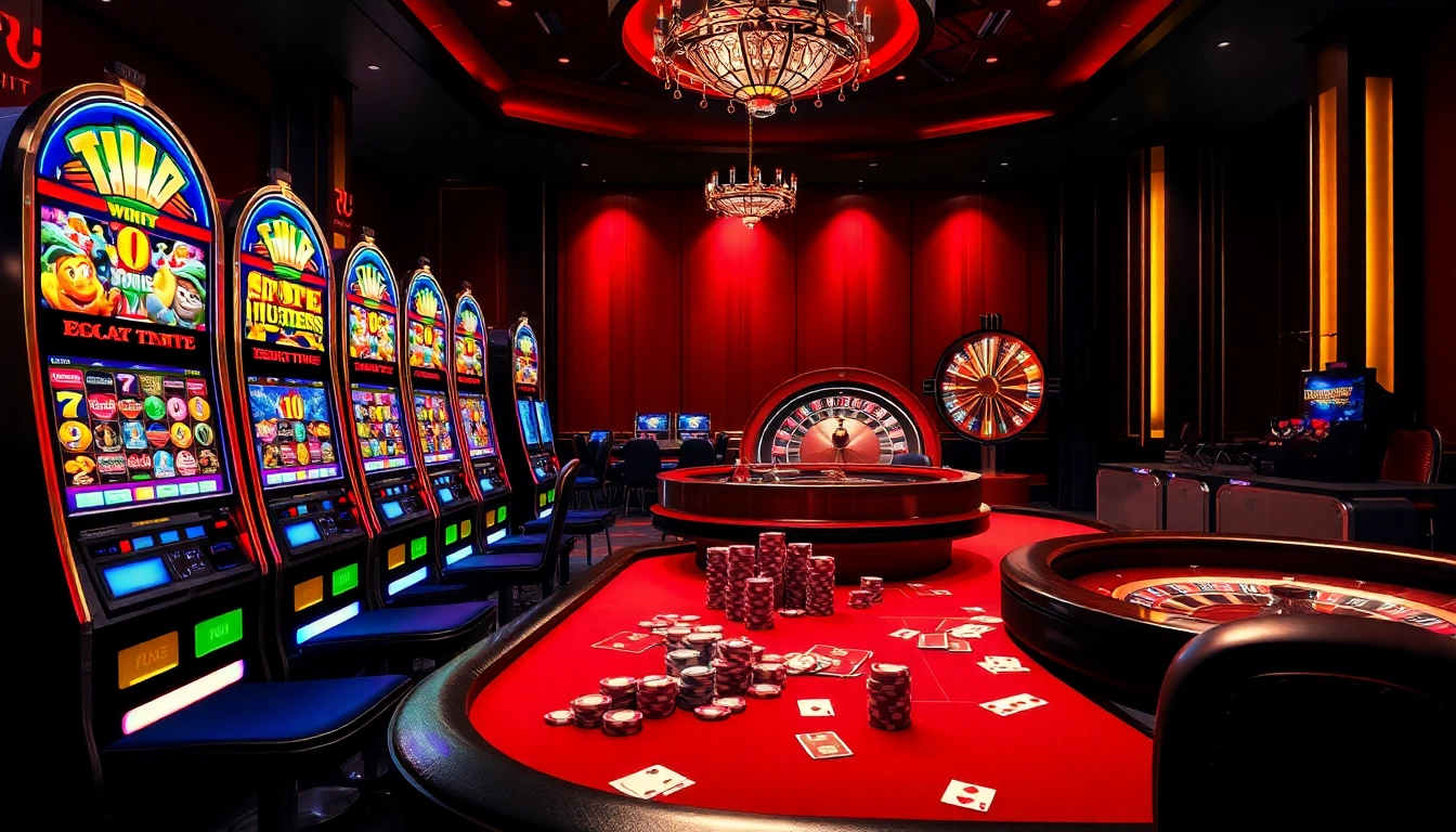 Experience the thrill of winning at RR88 with vibrant casino tables and spinning roulette wheels.