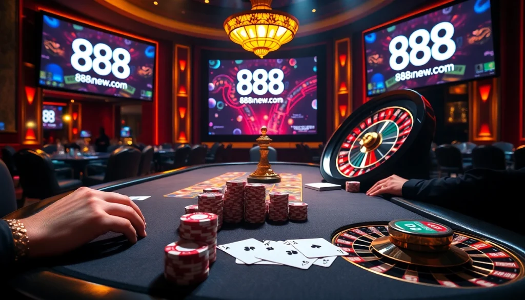 High-stakes poker game at 888new.com with vibrant decor and exciting atmosphere.