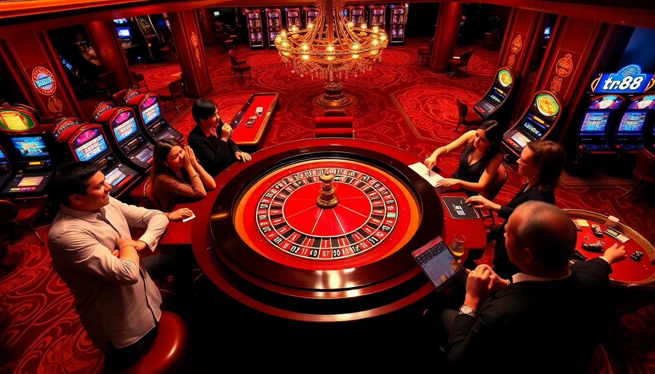 Players enjoying the thrill of gambling at a casino with vibrant tr88-themed tables and slot machines