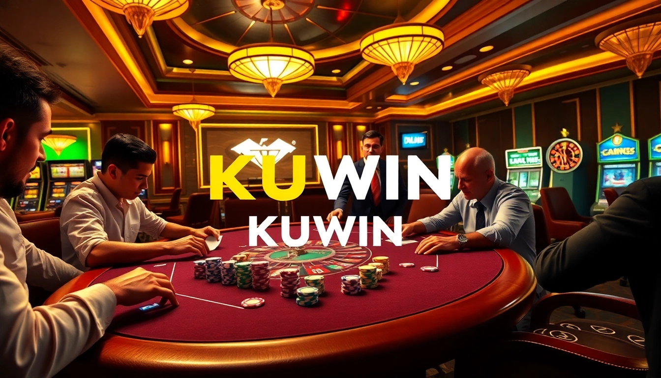 Kuwin players enjoying a thrilling poker game at an elegant casino table with vibrant chips and warm lighting.