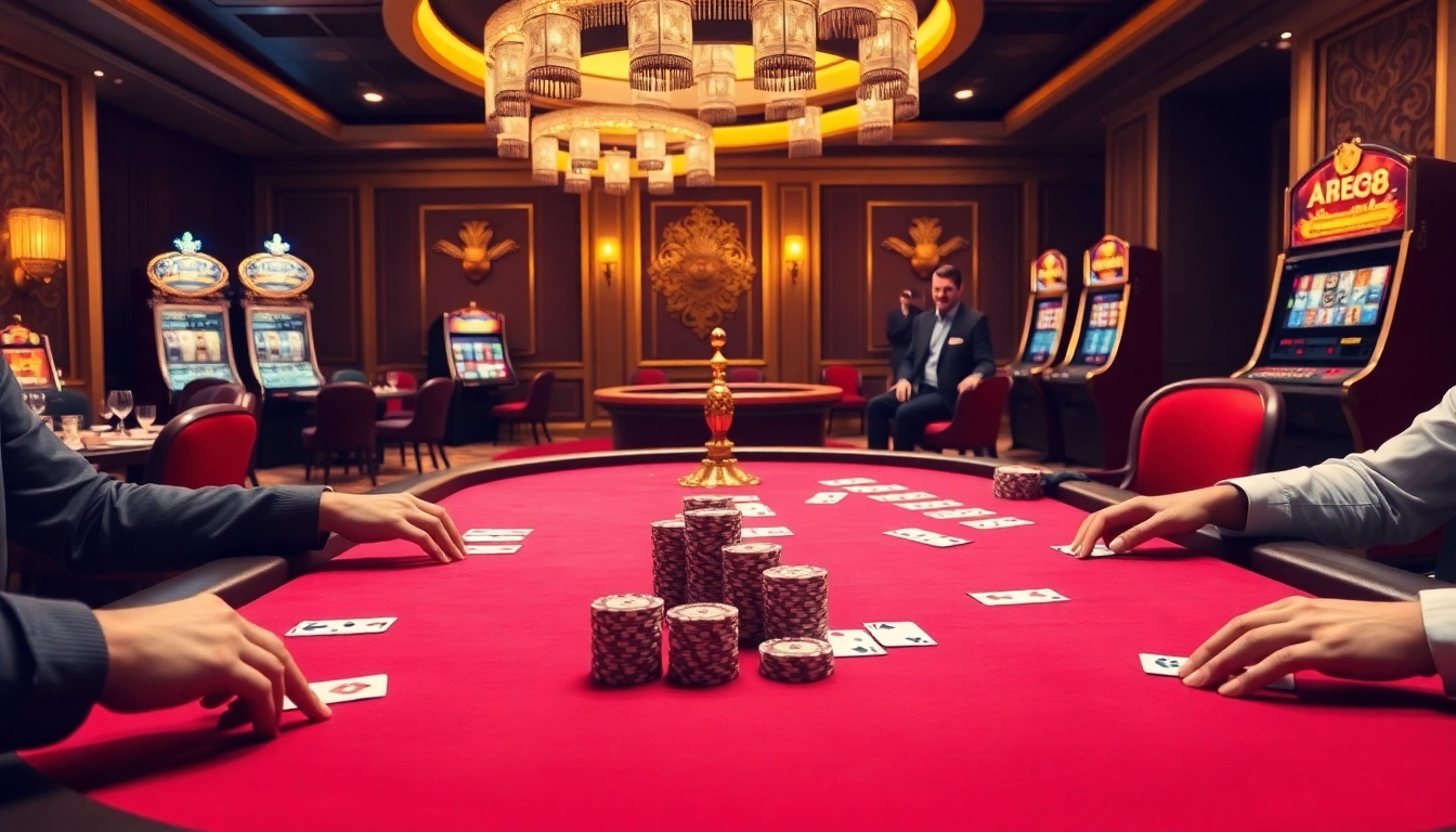 Experience the thrill of ABC8 at a high-stakes poker table in this luxurious casino scene.