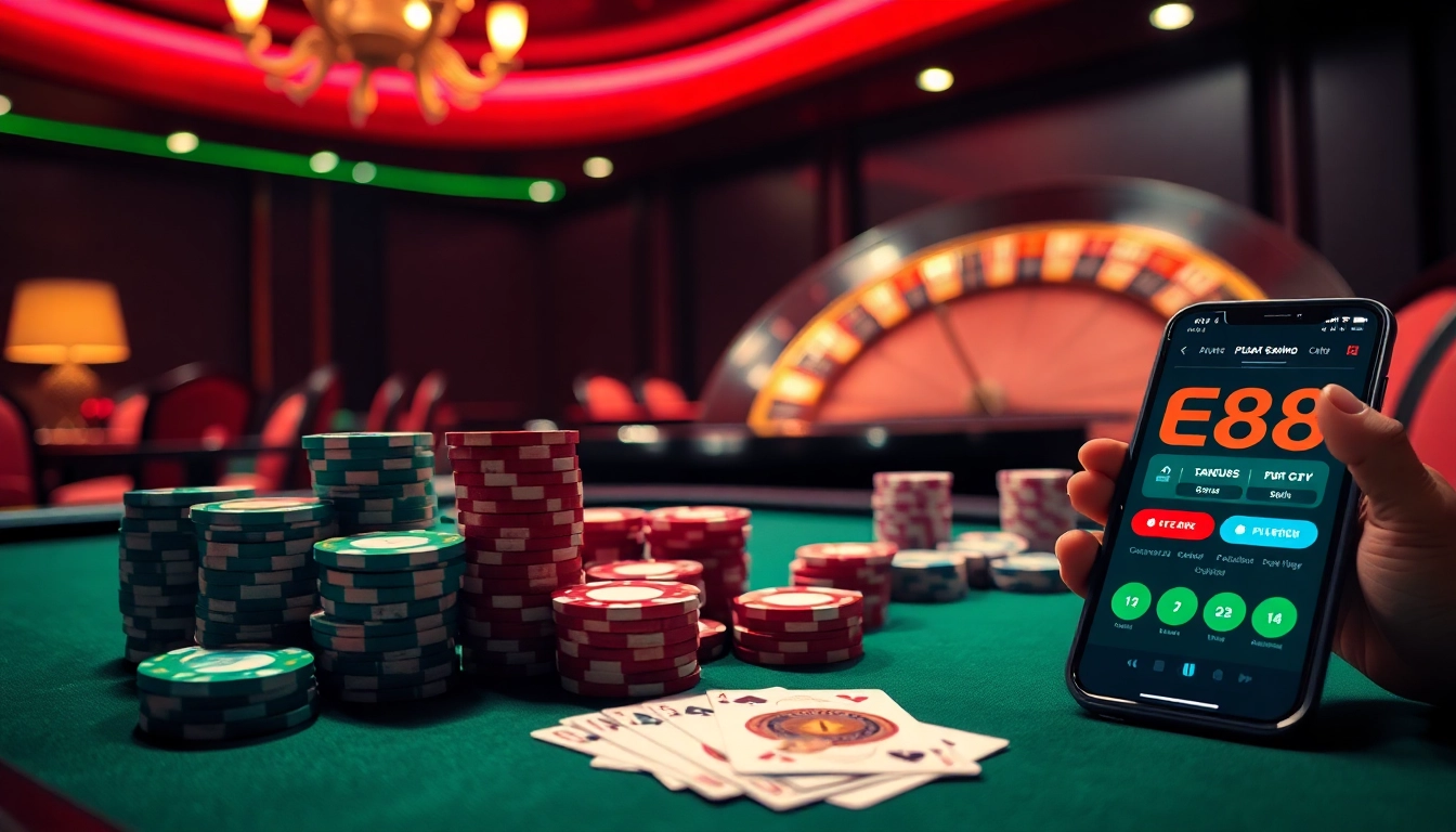 A glamorous poker table scene featuring EE88 betting chips and cards, showcasing luxury in gambling.
