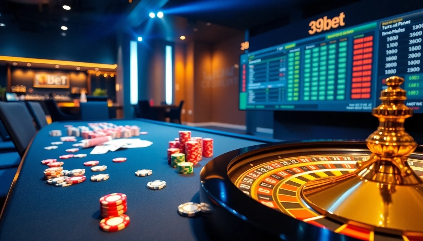 Experience the thrill of gambling with 39bet's dynamic casino scene featuring poker chips and a roulette wheel.