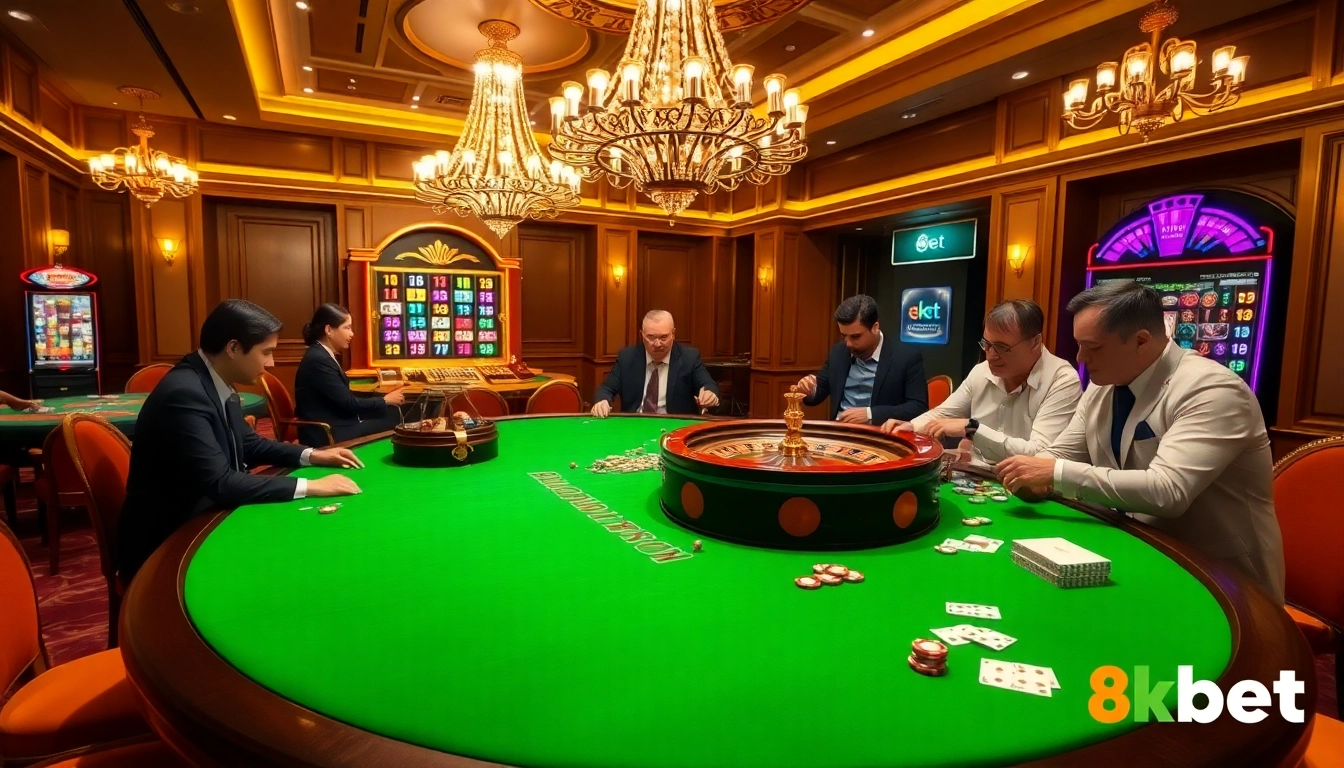 Exciting gambling scene at 8kbet casino with roulette table and poker players.