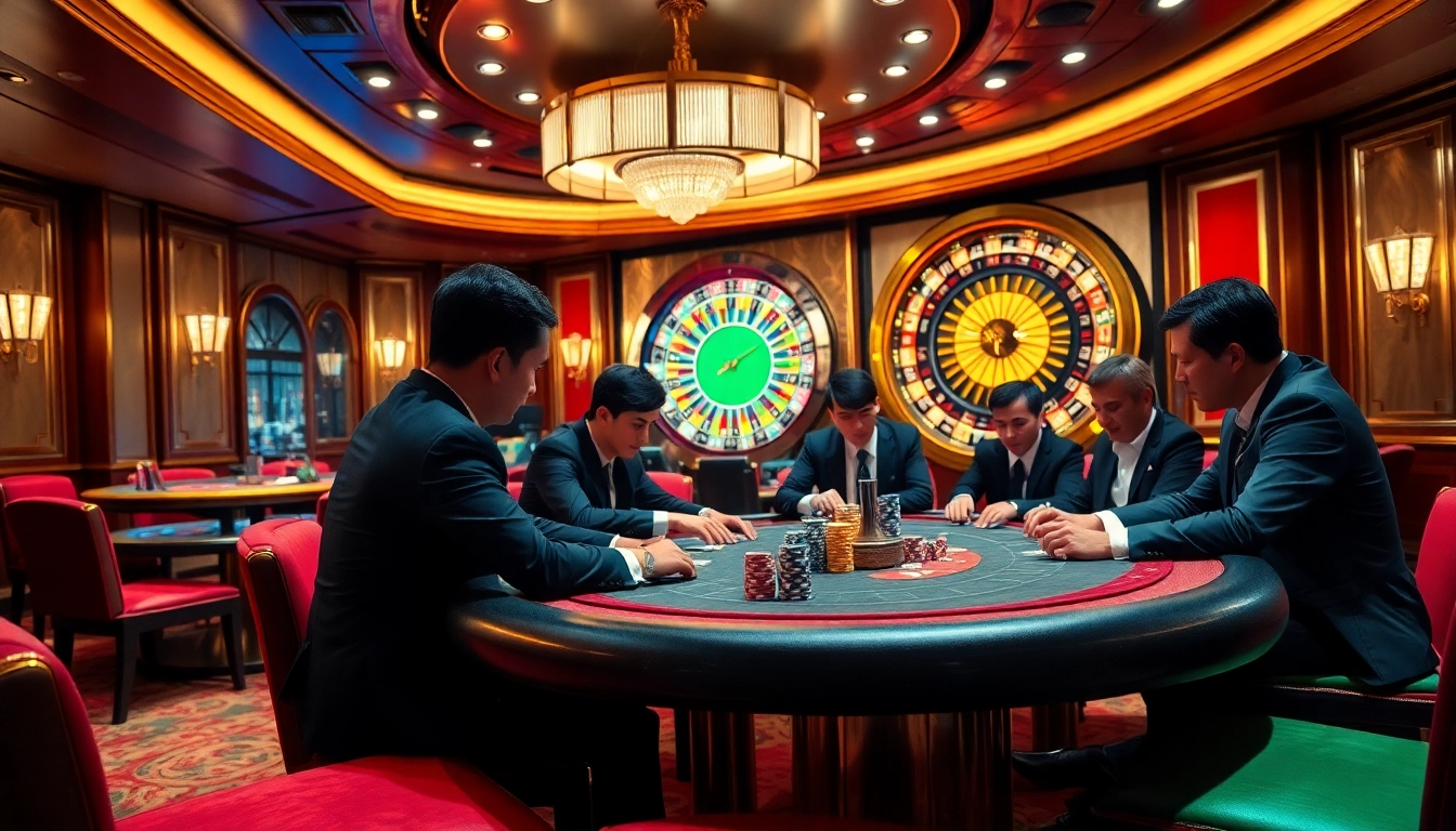 Players enjoying high-stakes poker at nhà cái XX88's luxurious casino.