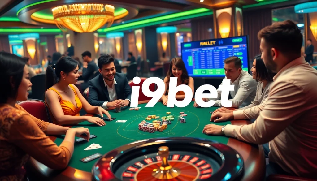 Players strategizing at a high-stakes poker table in a vibrant i9bet casino scene.