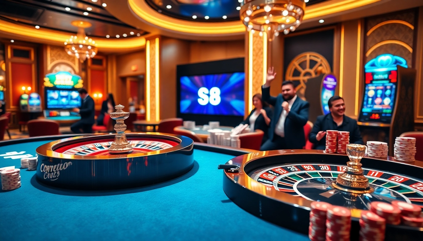 Casino scene showcasing S8 branding with roulette wheel and poker chips in an exciting atmosphere.