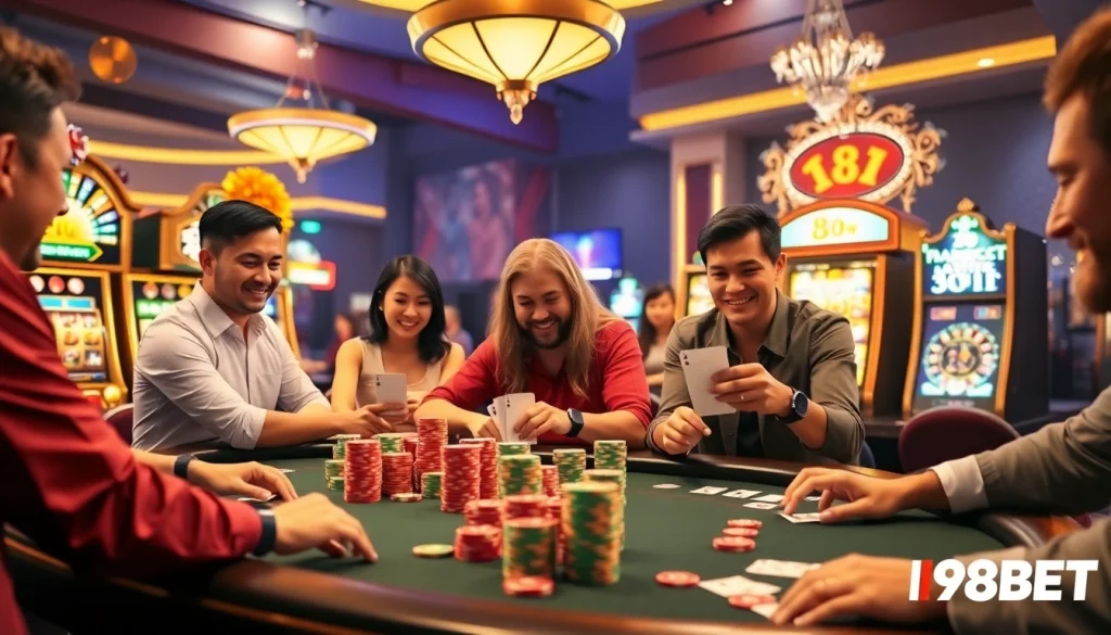 Exciting casino scene with players engaging in I9BET poker, surrounded by vibrant slot machines and chips.