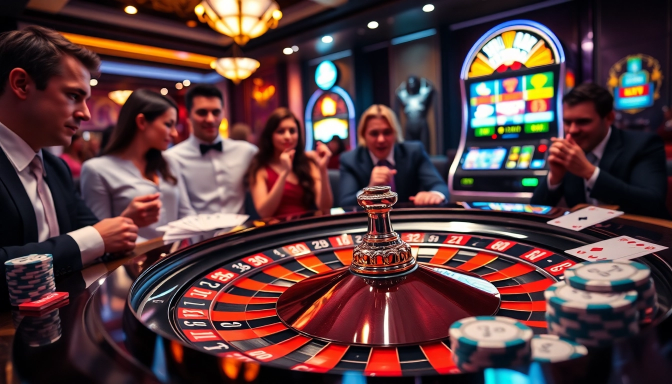 Players enjoying high-stakes gambling around a roulette wheel in a luxury casino featuring S8 elements.