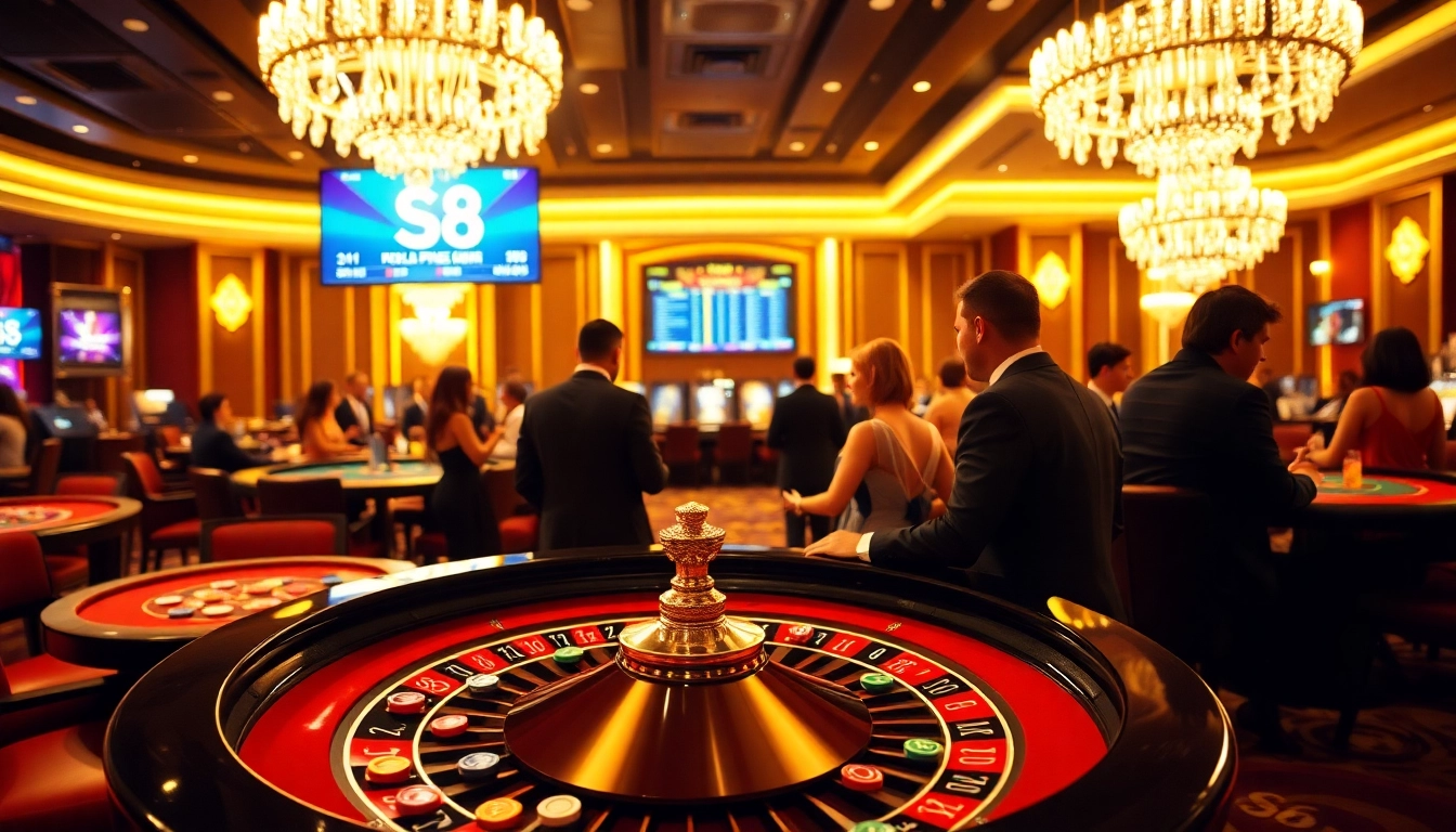 Gambling scene at S8 casino with luxury roulette table, chips, and exciting players.