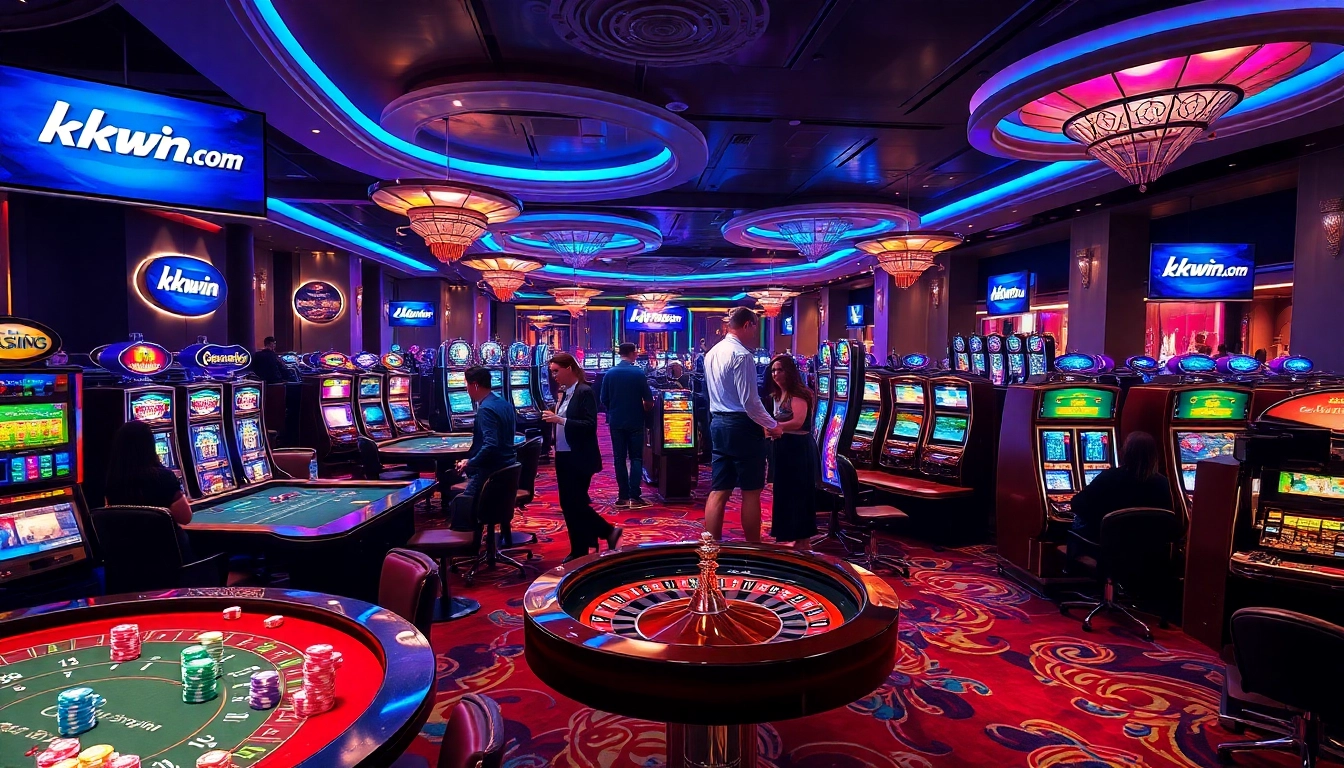 Engage in thrilling casino action with kkwin.com players at tables with vibrant chips and colorful slots.