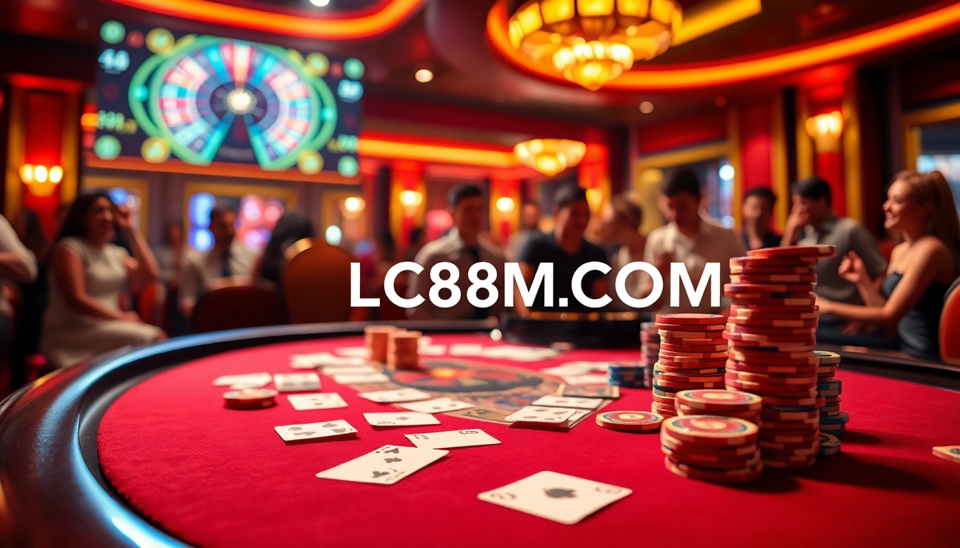 Players engaging at the poker table, highlighting excitement and luxury at LC88M COM.