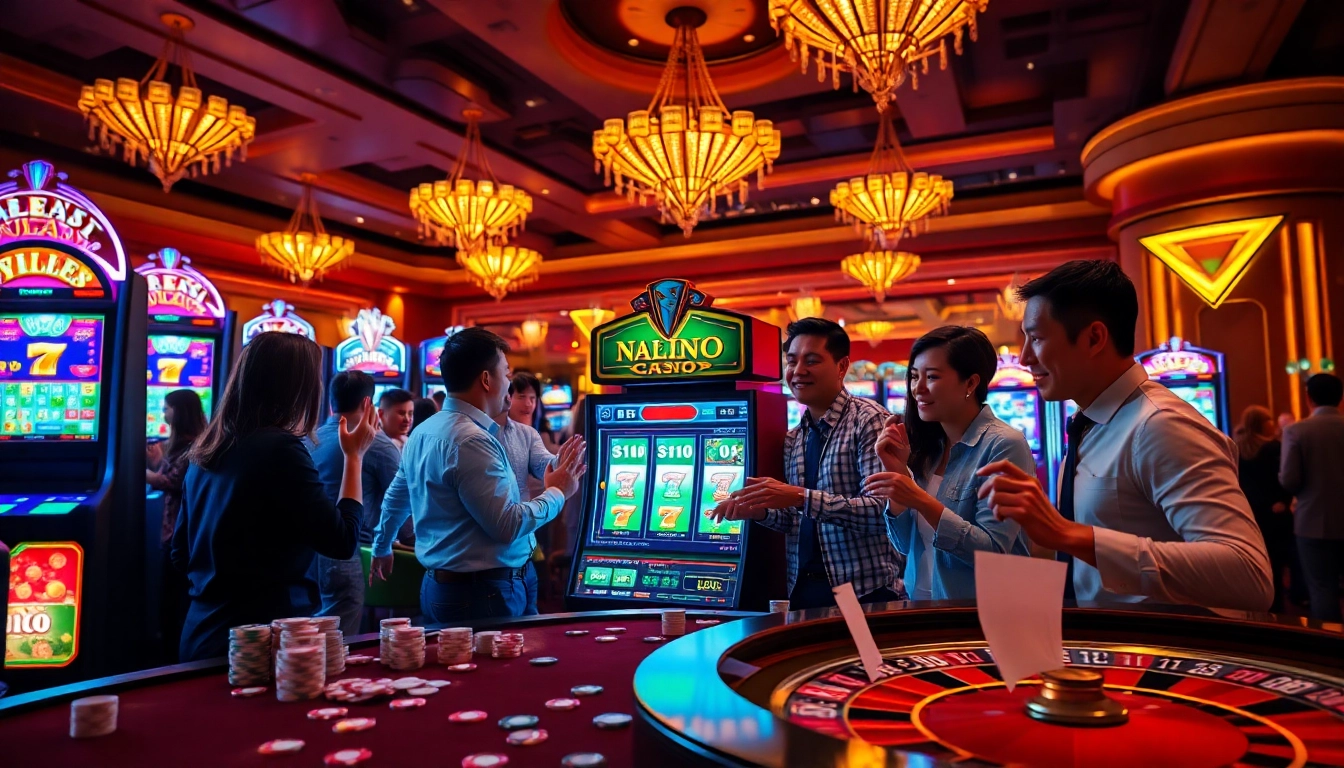 Players enjoying the thrilling nổ hũ slot game in a luxurious casino setting.