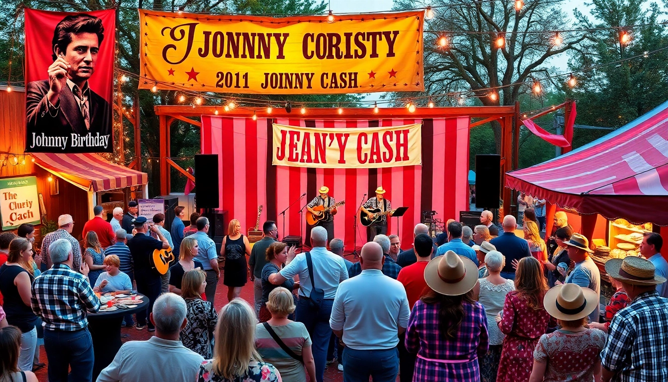 Vibrant celebration at johnnycashbirthday.com featuring a live music festival honoring Johnny Cash.