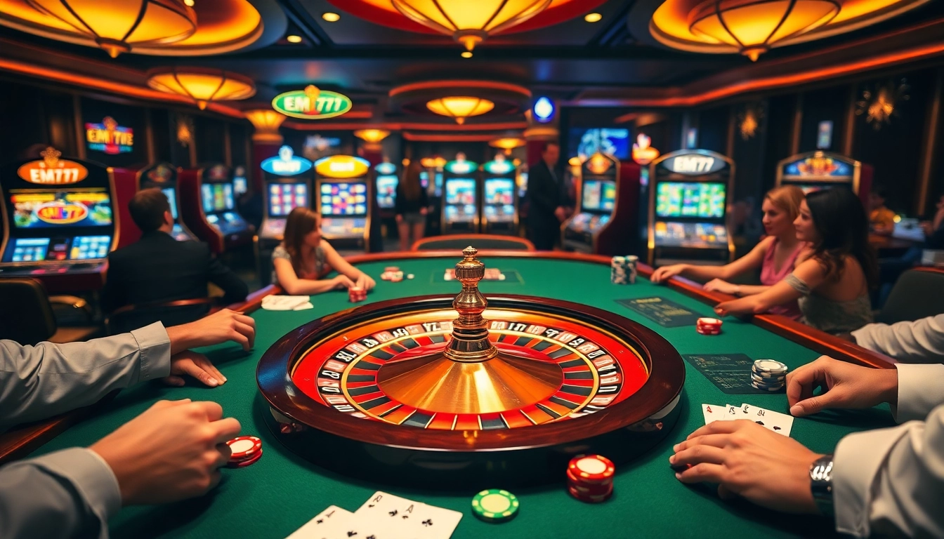 Experience the thrill of EM777 at a vibrant casino, featuring poker chips and a roulette wheel.