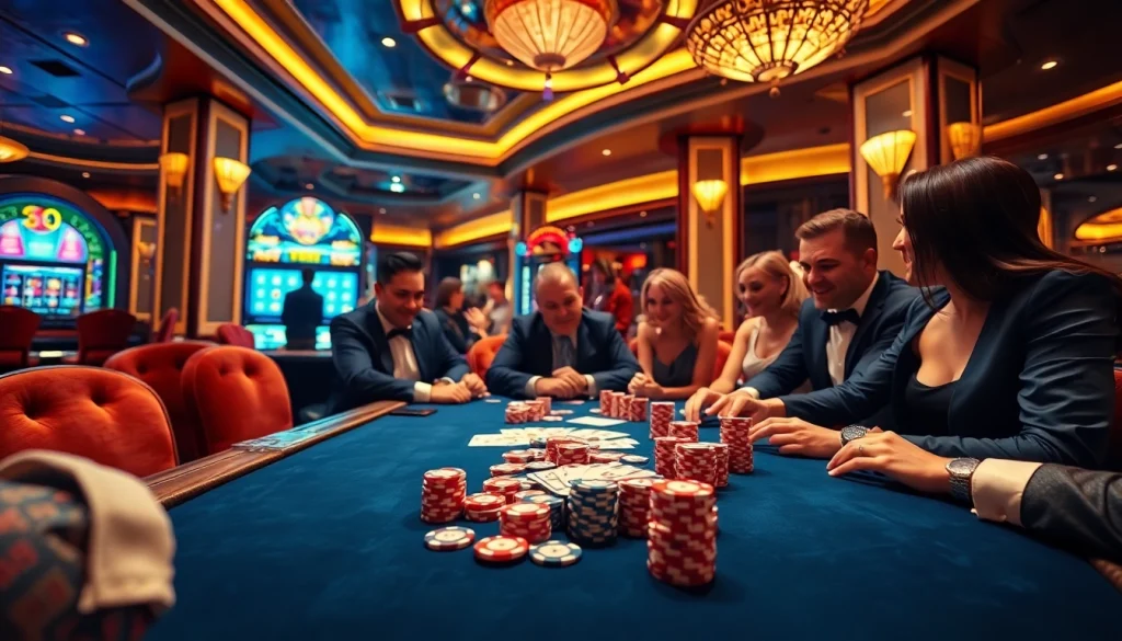 Rikvip players enjoying high-stakes poker in a luxurious casino environment.
