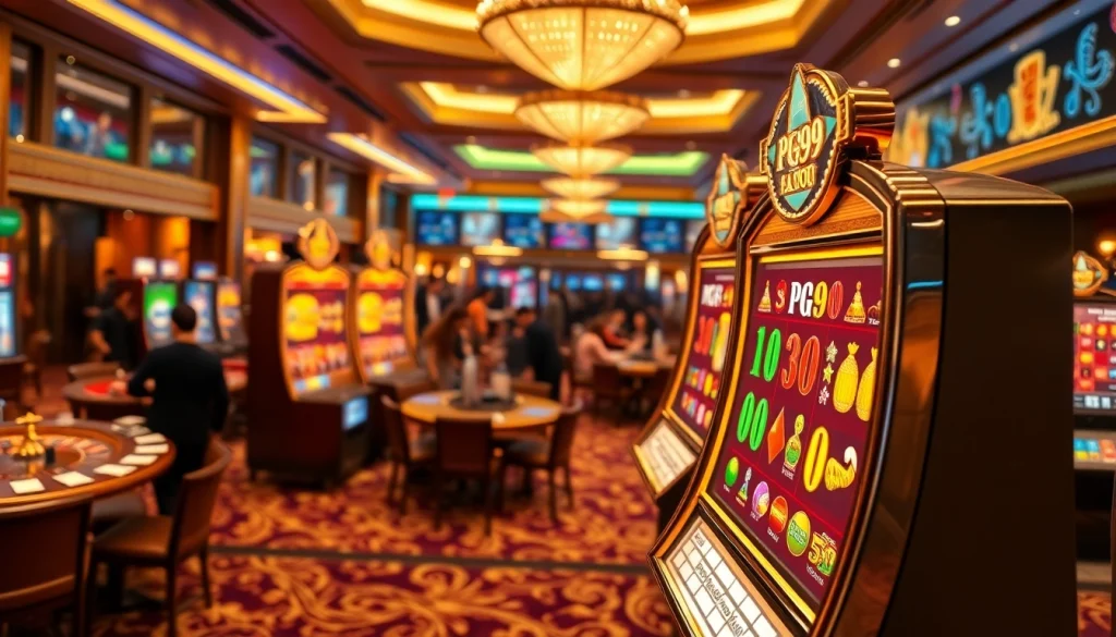 Experience the thrill of PG99 nổ hũ at a vibrant casino with luxury slot machines and eager gamblers.