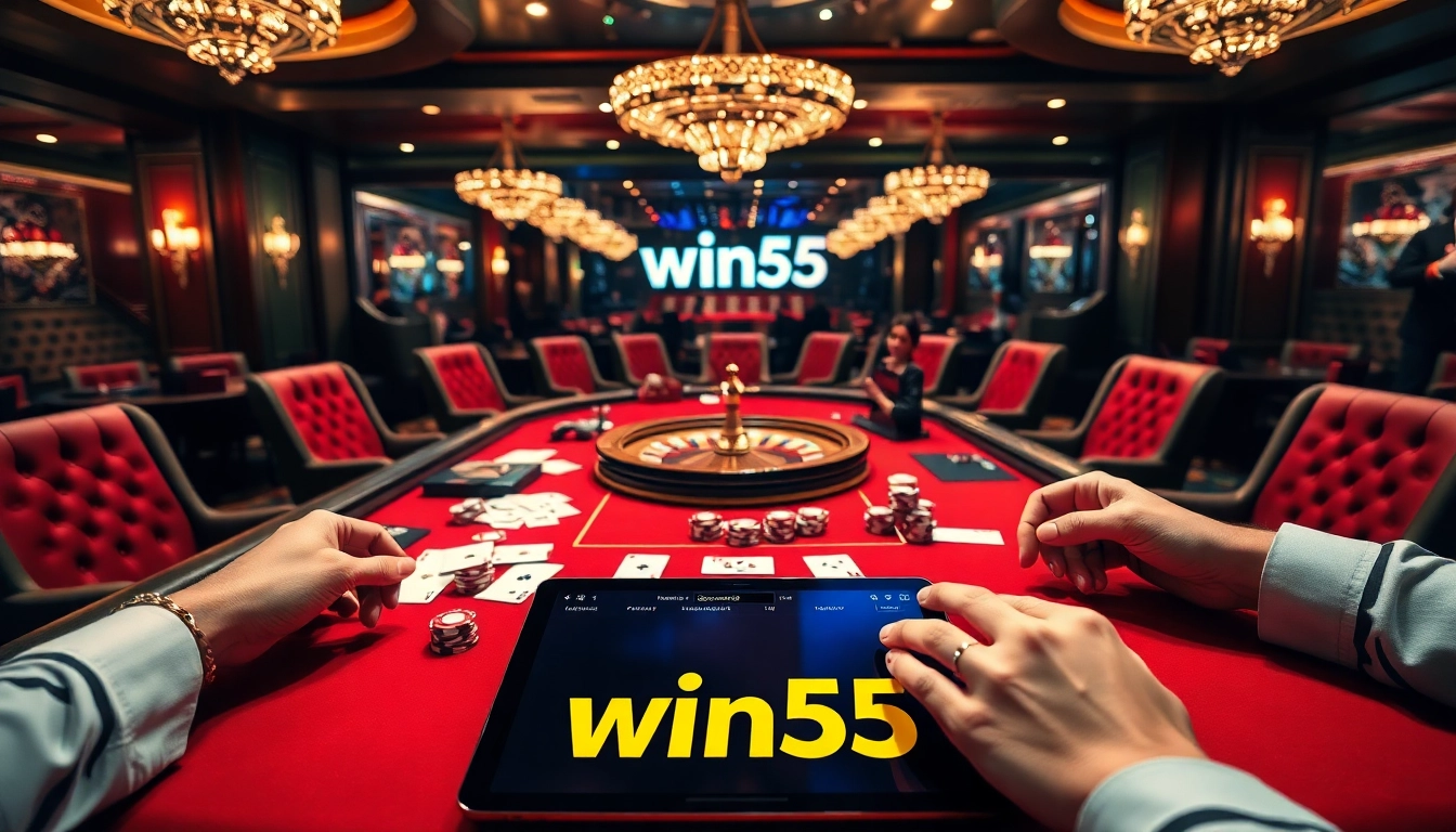 Players engaging at a luxurious casino table, winning with win55 strategy.