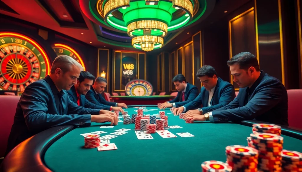 Players at a high-stakes poker table experience the excitement of w88 gambling.