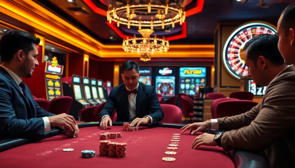 FLY 88 casino scene featuring a high-stakes poker game with colorful chips and vibrant slot machines.