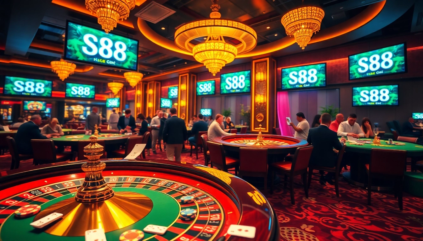 S88 casino players enjoy high-stakes excitement at the poker table with lively atmosphere.