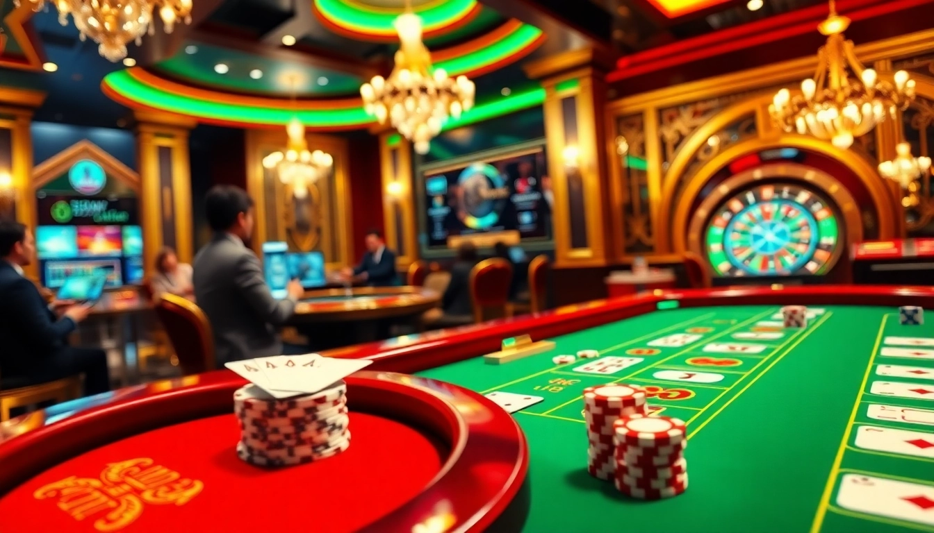 Experience the thrill of betting at BJ88 Com with vibrant casino visuals showcasing exciting games and interactions.