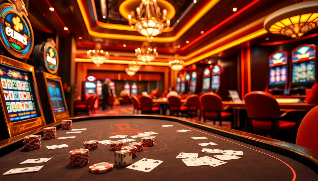 Experience thrilling online gaming at trang chủ FLY88 with vibrant casino visuals, poker tables, and slot machines.