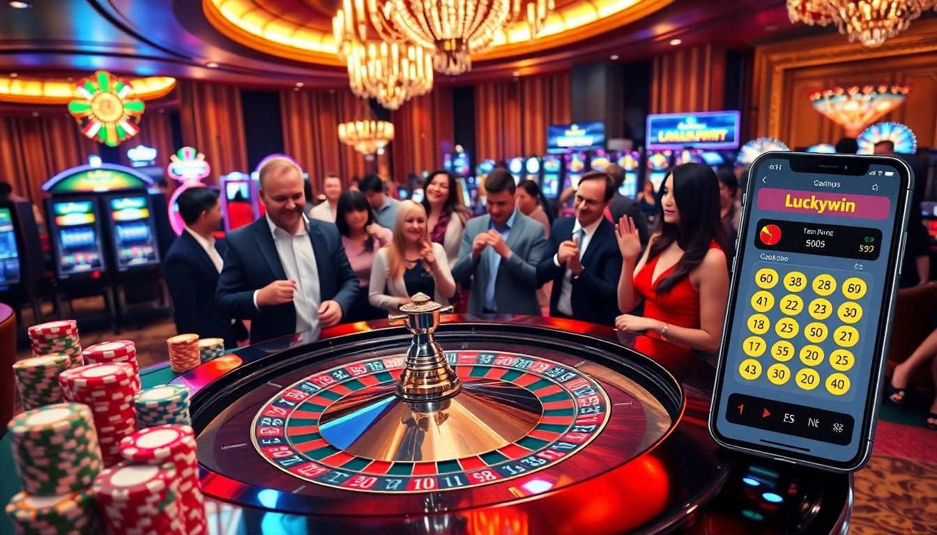 Engaging casino atmosphere with players enjoying luckywin lott lottery and vibrant slot machines.