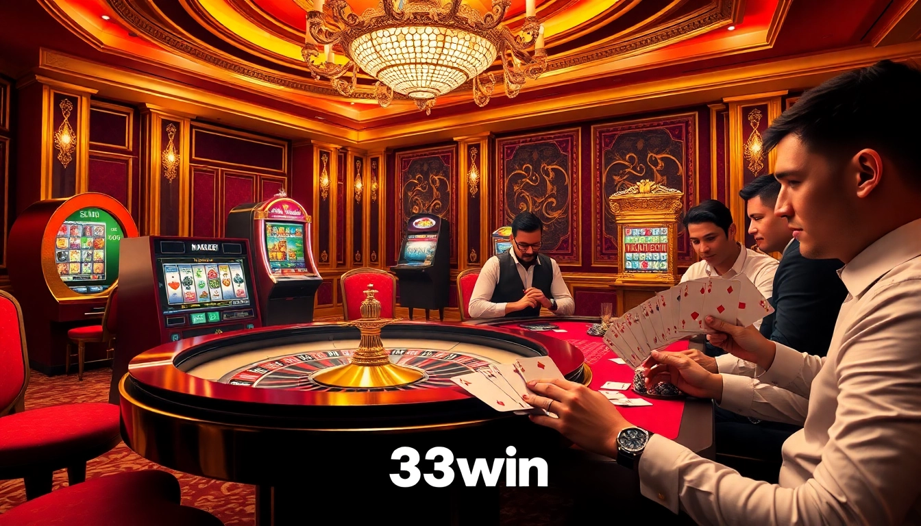 A thrilling casino atmosphere showcasing players enjoying poker and slots at 33win.