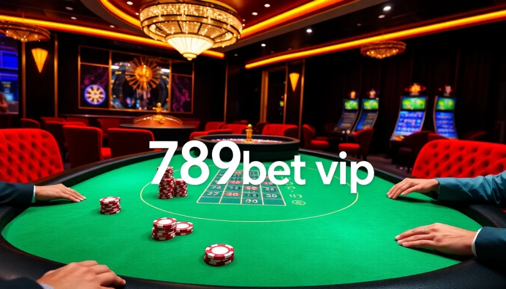 A high-stakes poker game at a luxury casino featuring 789bet vip poker chips and vibrant lighting.
