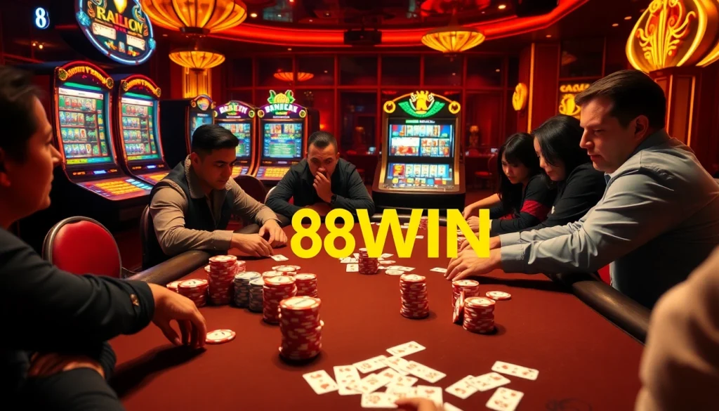 An engaging poker scene at 98WIN casino with players, cards, and colorful chips in an exciting atmosphere.