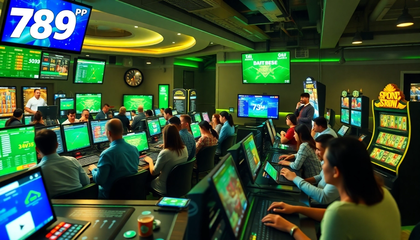 Exciting moment of diverse players enjoying 789P online betting platform, showcasing games and support services.