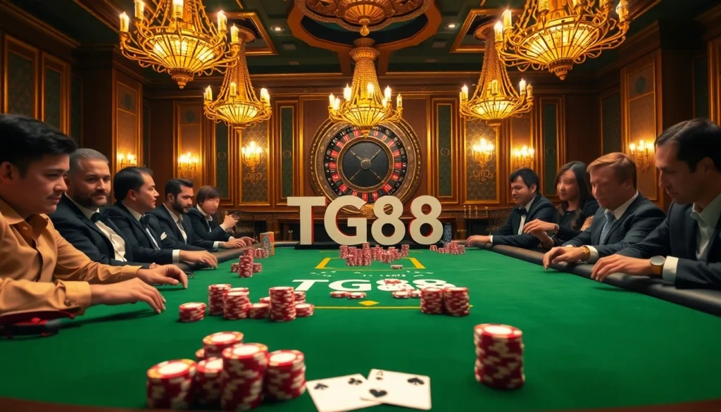 Exciting poker game at TG88 casino, showcasing high-stakes players and luxurious table setup.
